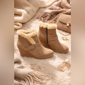 Aquatalia Tan Suede Wedge Boots with Faux Sherling Trim.